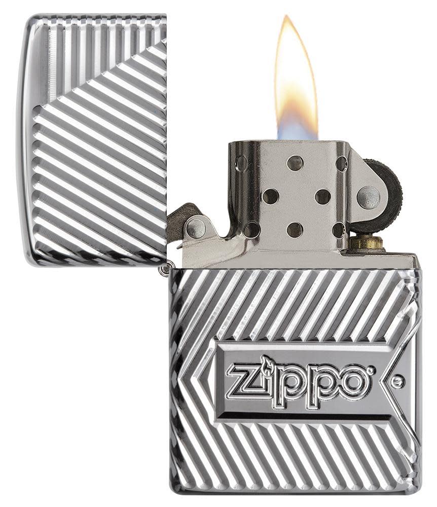 Zippo Bolts Design Windproof Lighter with its lid open and lit