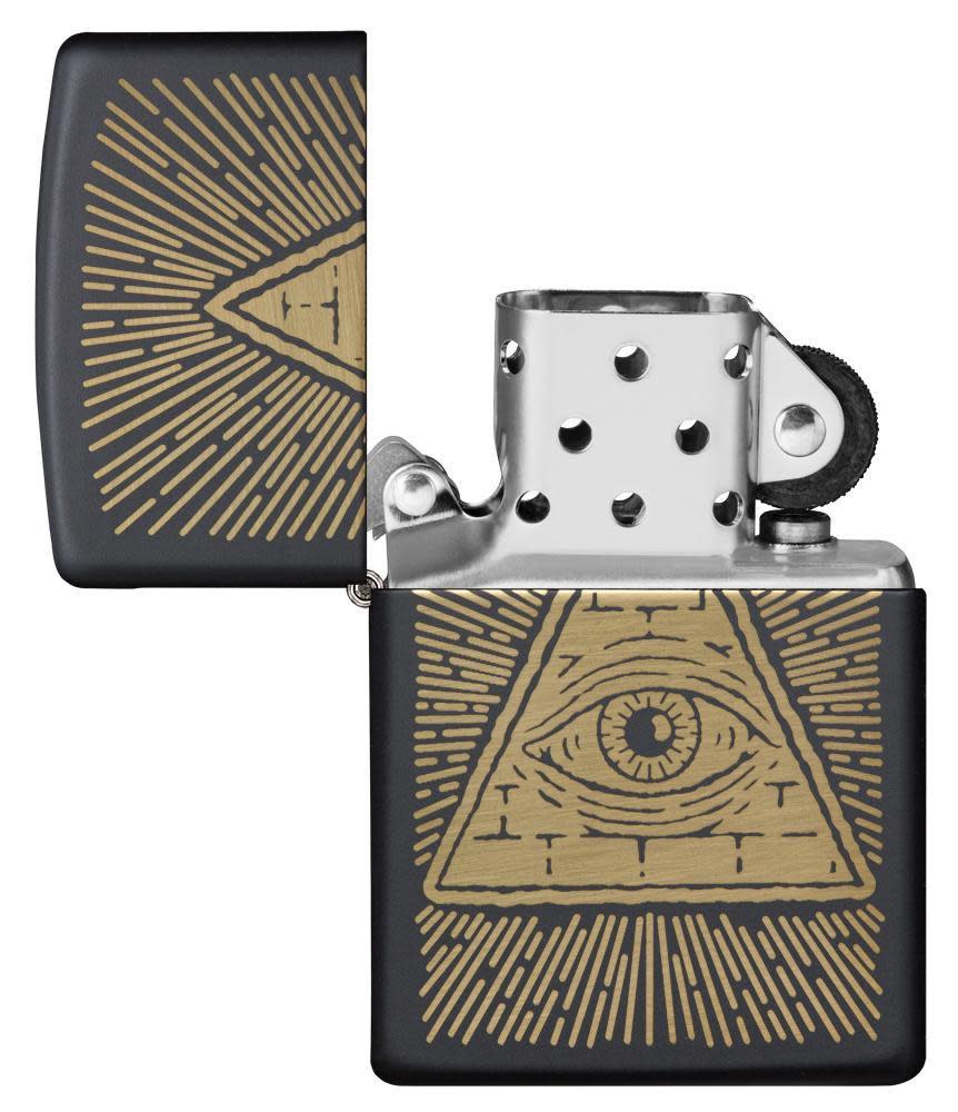 Eye of Providence Black Matte Design Windproof Lighter with its lid open and unlit