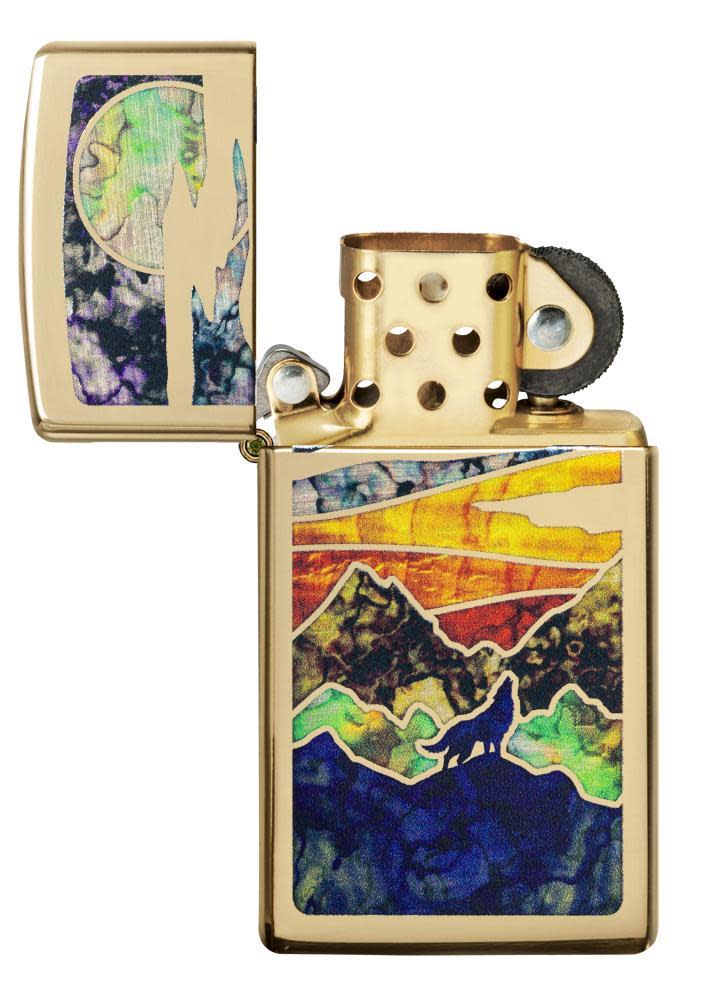 Slim® High Polish Brass Howling Wolf with its lid open and unlit