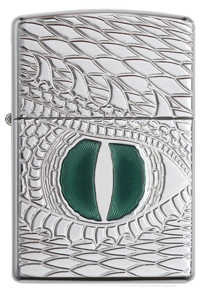 Front view of the Green Dragon Eye, Deep Carve, Epoxy Inlay, High Polish Chrome Lighter