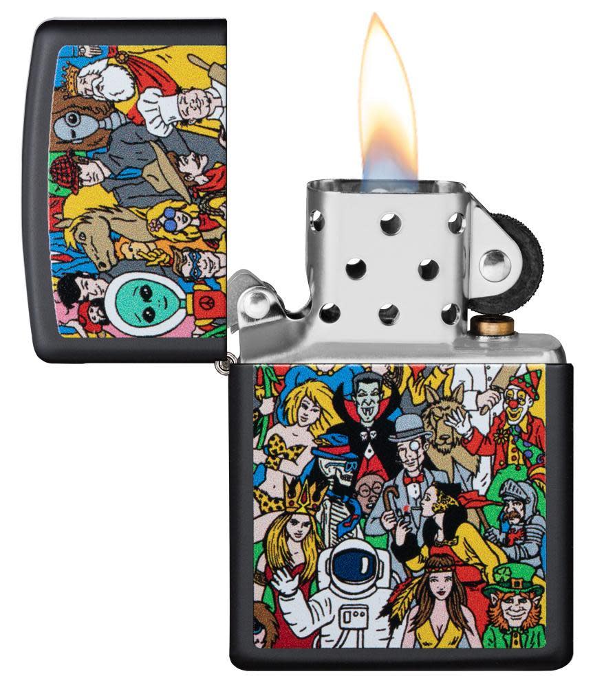 Front view of the Where's Windy Design Lighter open and lit