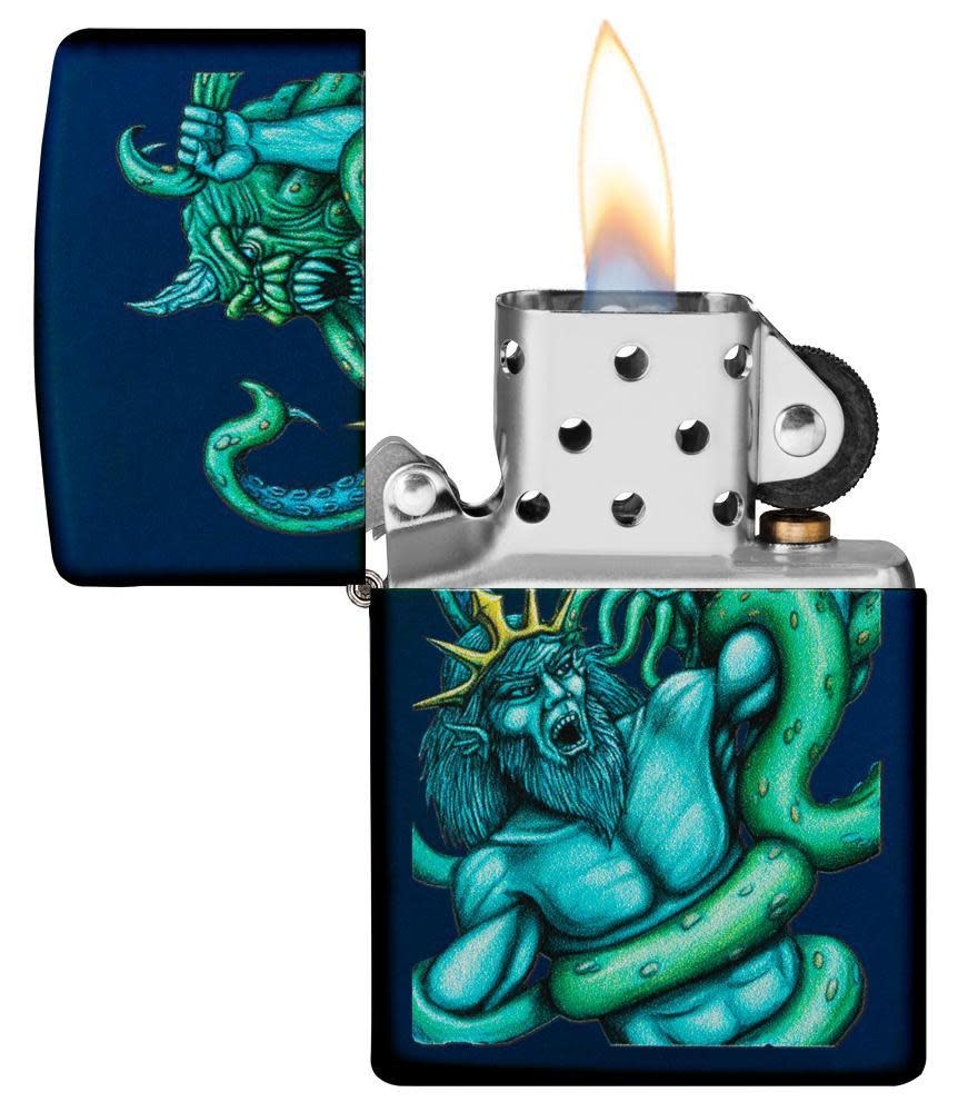 Front shot of Navy Matte Sea King Design Windproof Lighter