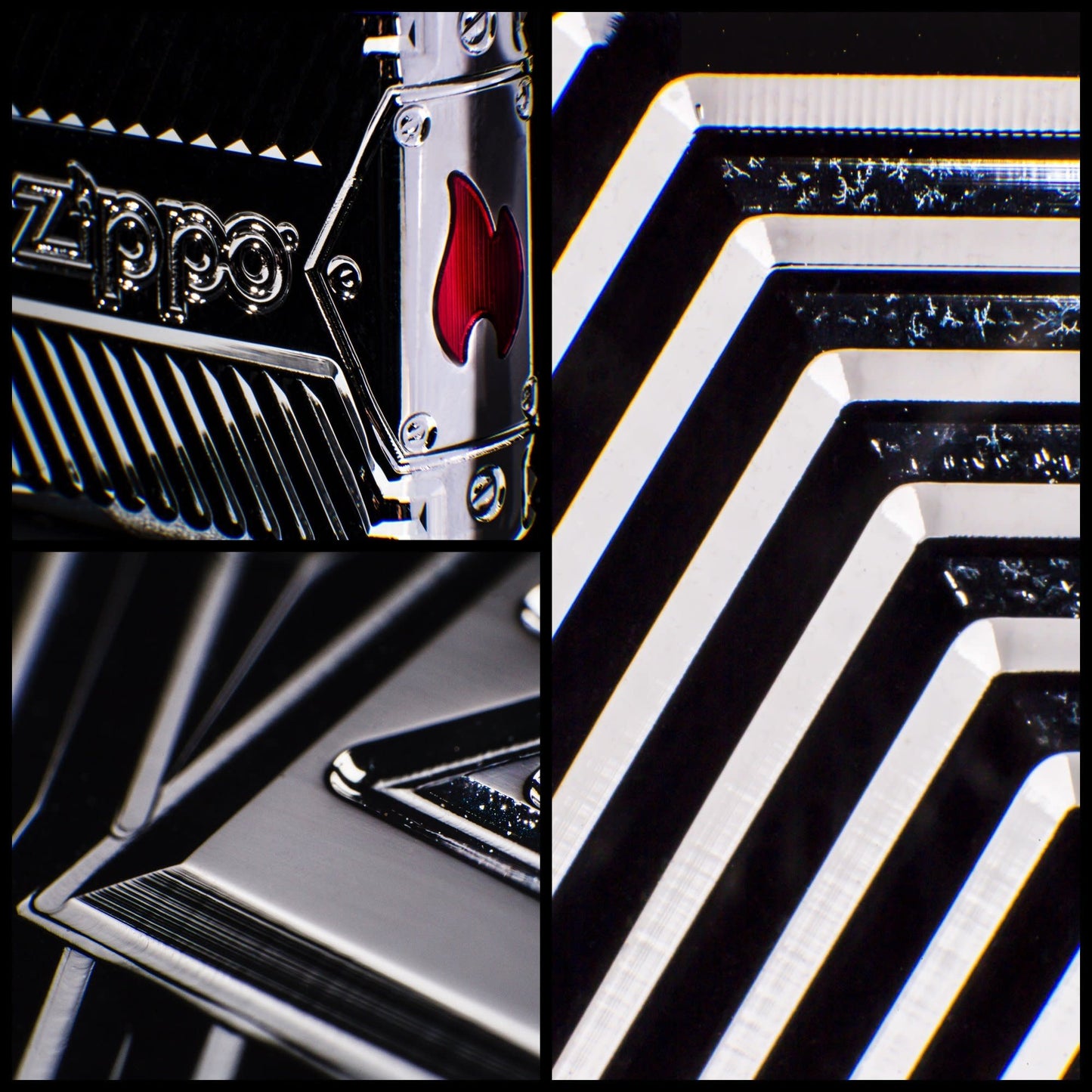 Detailed shot of Zippo Bolt Design Lighter, showing the deep carve and epoxy flame