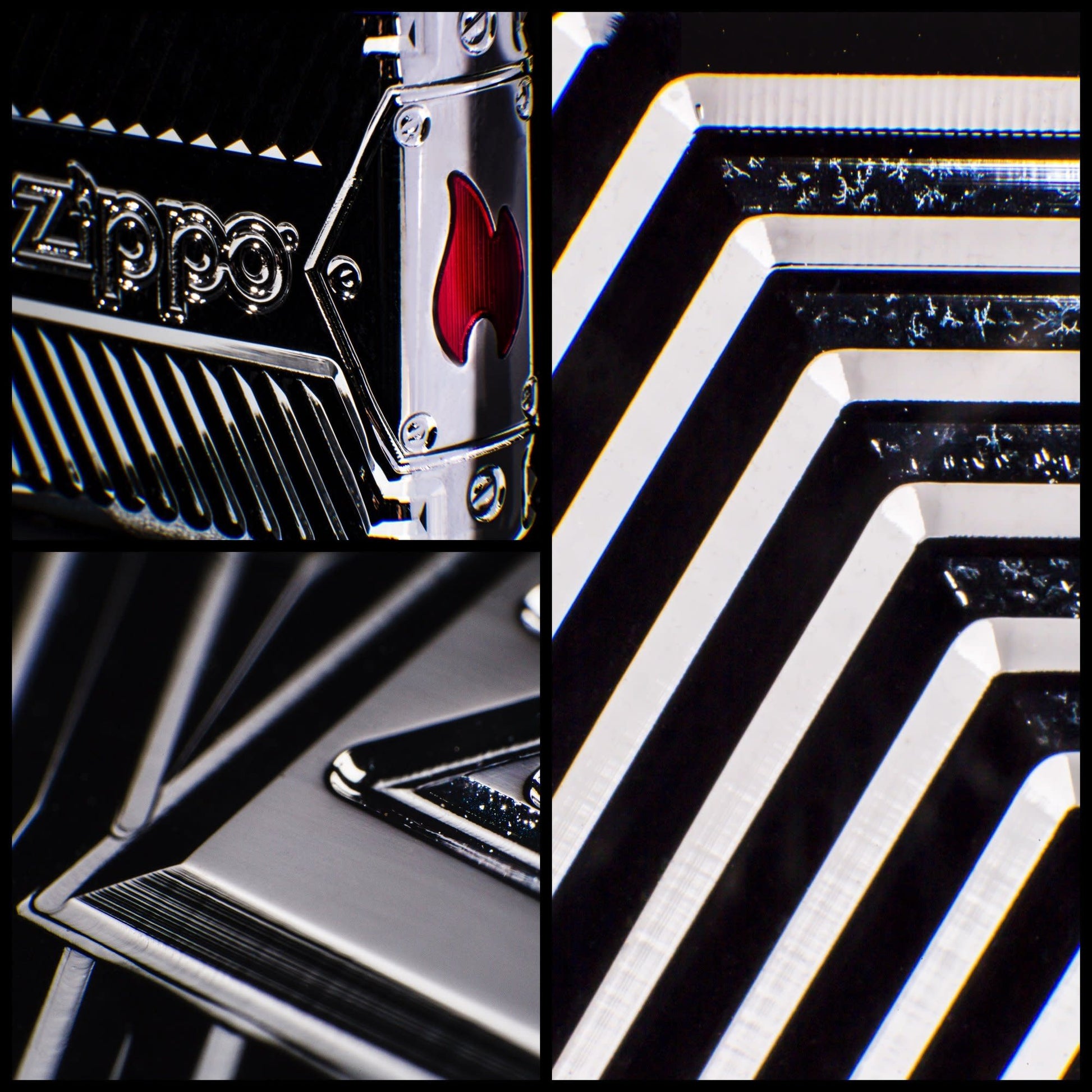 Detailed shot of Zippo Bolt Design Lighter, showing the deep carve and epoxy flame