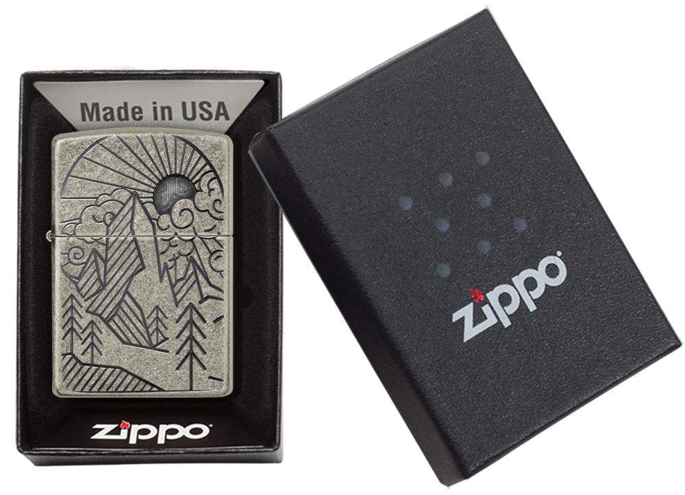 Armor® Antique Silver Mountain Design Windproof Lighter in its packaging