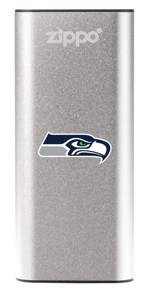 Front of silver NFL Seattle Seahawks: HeatBank 3-Hour Rechargeable Hand Warmer