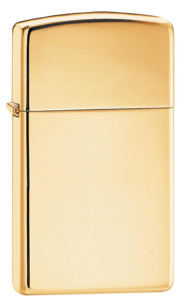 Front shot of Slim® High Polish Brass Finish Windproof Lighter standing at a 3/4 angle.