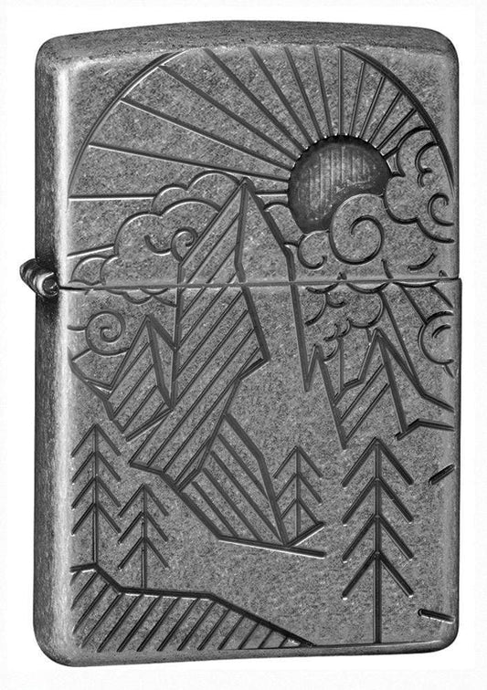 Armor® Antique Silver Mountain Design Windproof Lighter standing at a 3/4 angle