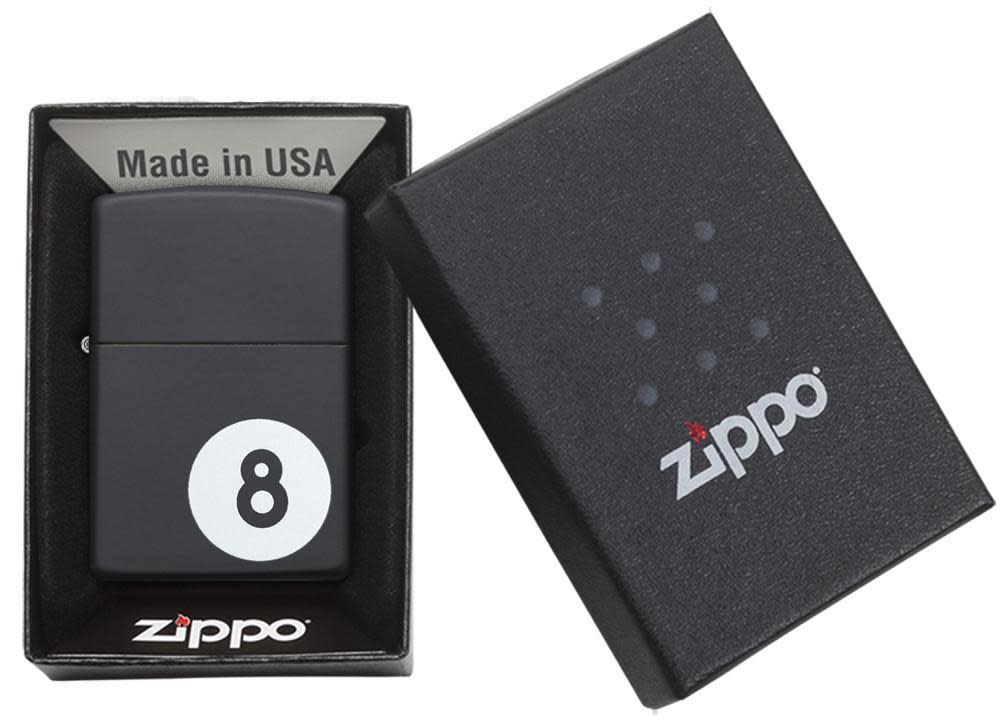 Billiards 8-Ball Black Matte Windproof Lighter in it's packaging.