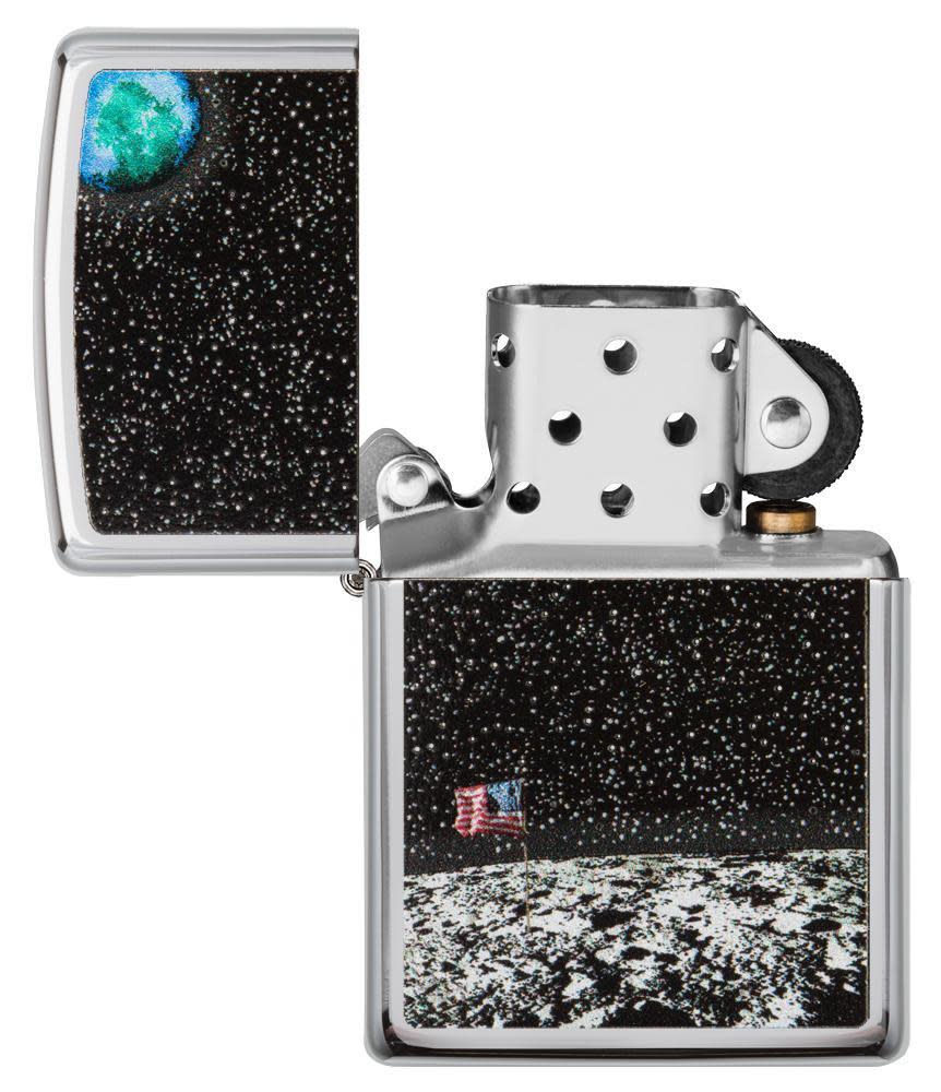 Front view of the High Polish Chrome Moon Landing Design Lighter open and unlit