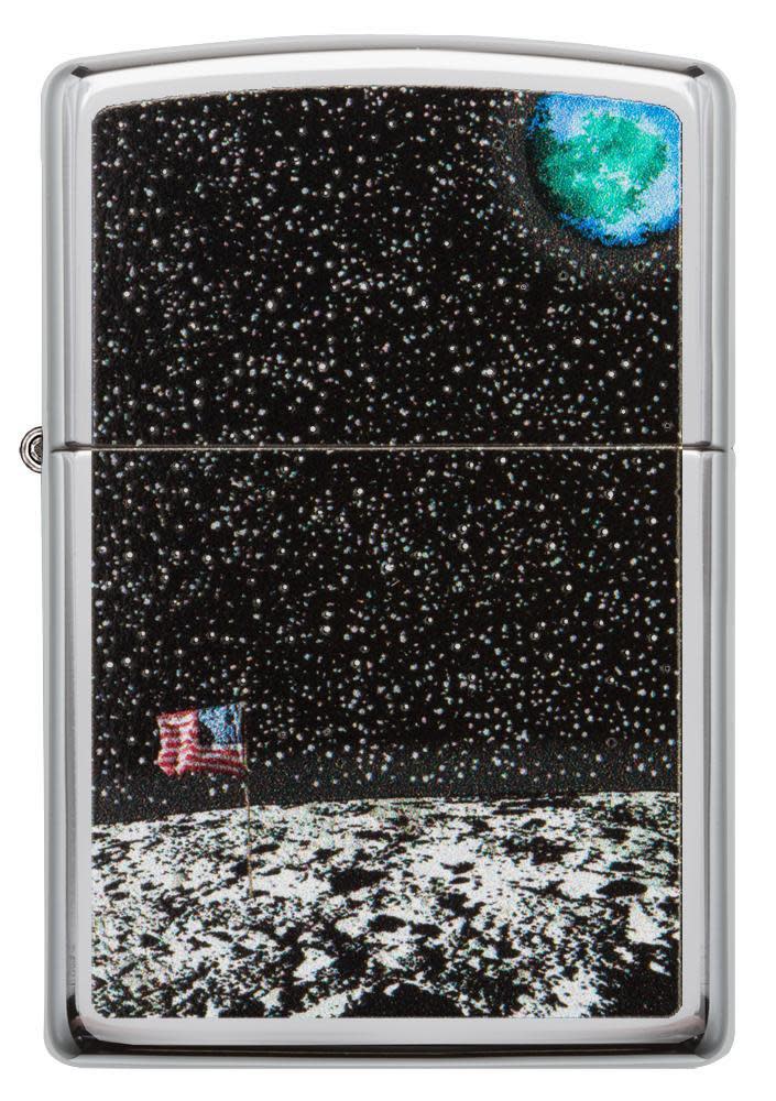 Front view of the High Polish Chrome Moon Landing Design Lighter in one box packaging