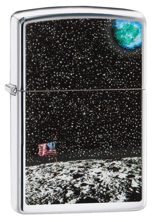 Front view of the High Polish Chrome Moon Landing Design Lighter shot a a 3/4 angle