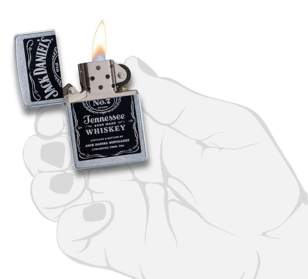 Front view of the Jack Daniel's Tennessee Whiskey Street Chrome Design in hand, open and lit