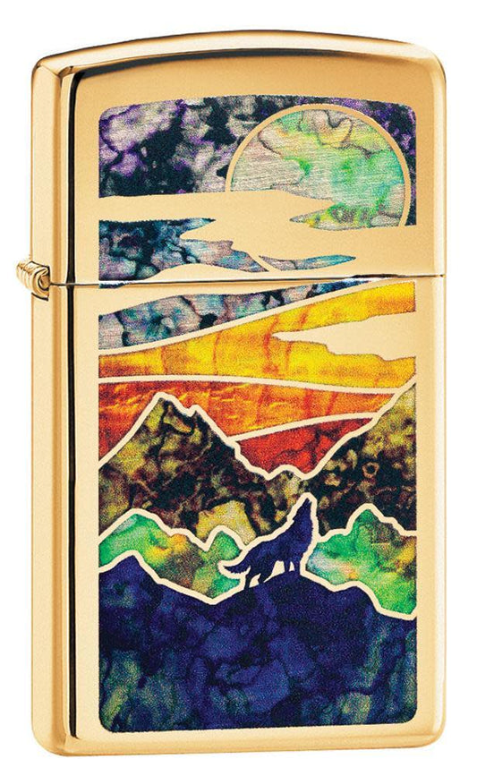 Front shot of Slim® High Polish Brass Howling Wolf standing at a 3/4 angle