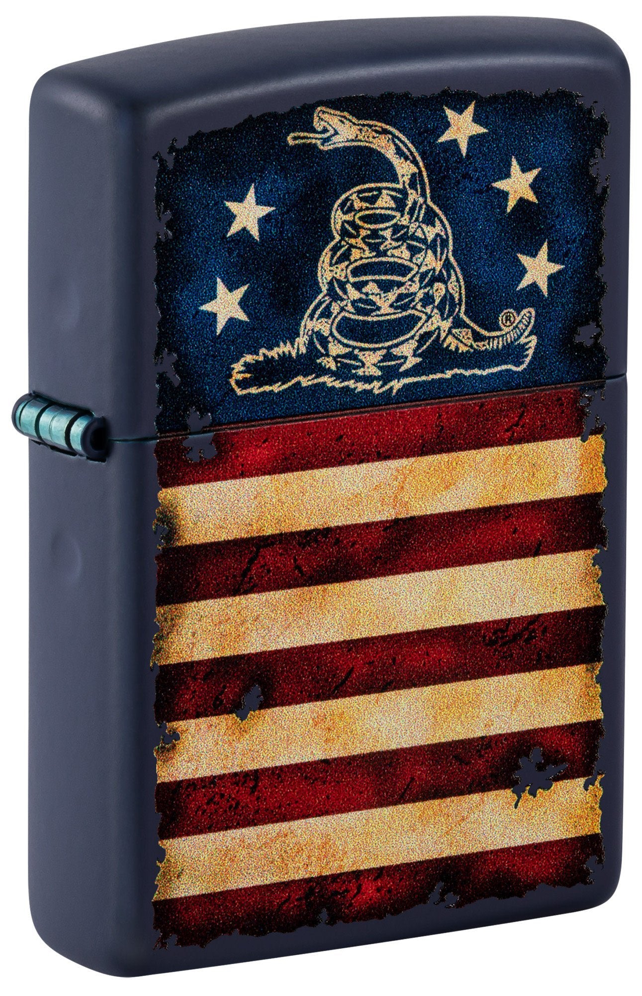 Front shot of Zippo Don't Tread On Me US Flag Navy Matte Windproof Lighter standing at a 3/4 angle.