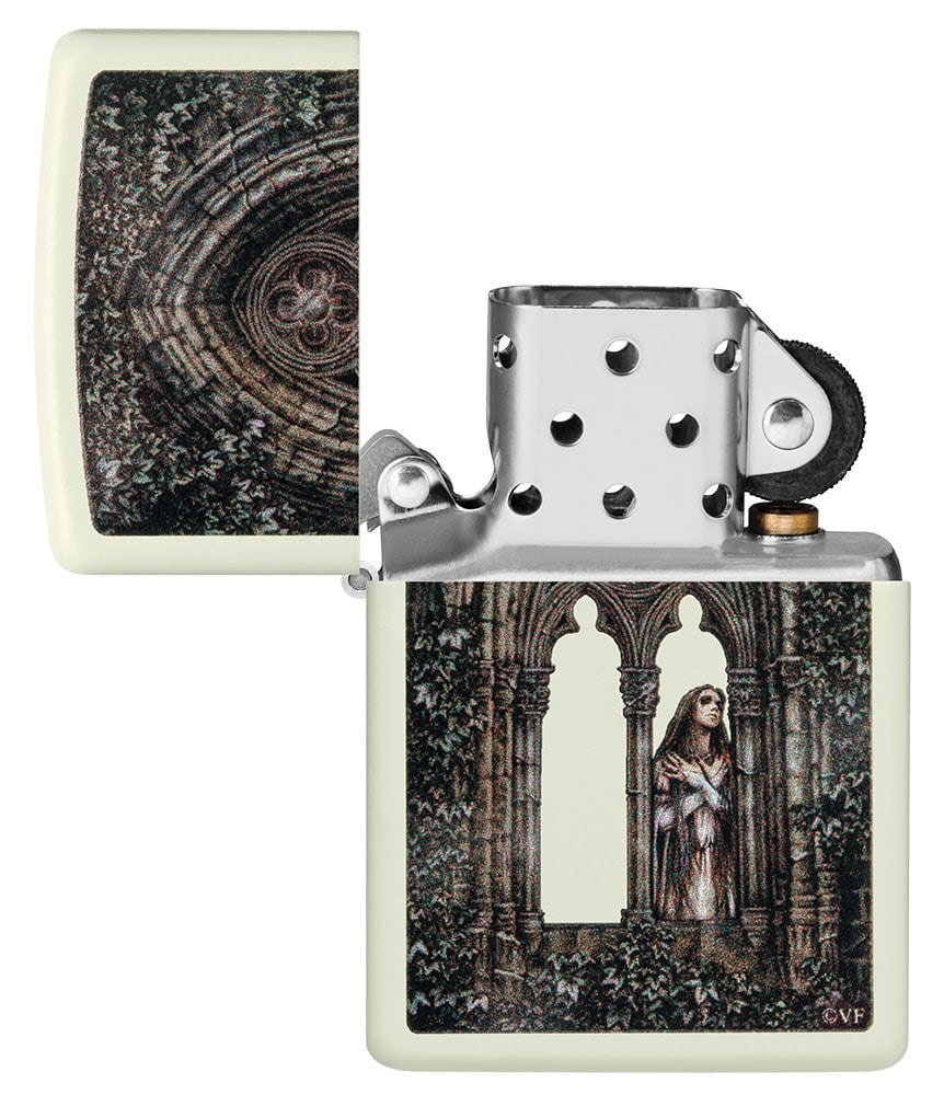 Victoria Frances Glow In The Dark Windproof Lighter with its lid open and unlit.
