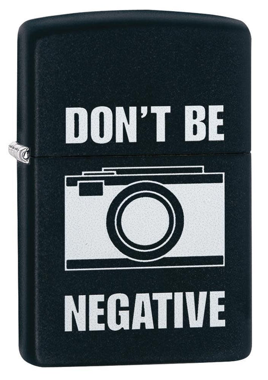 Front view of the Don't Be Negative Black Matte Windproof Lighter shot at a 3/4 angle