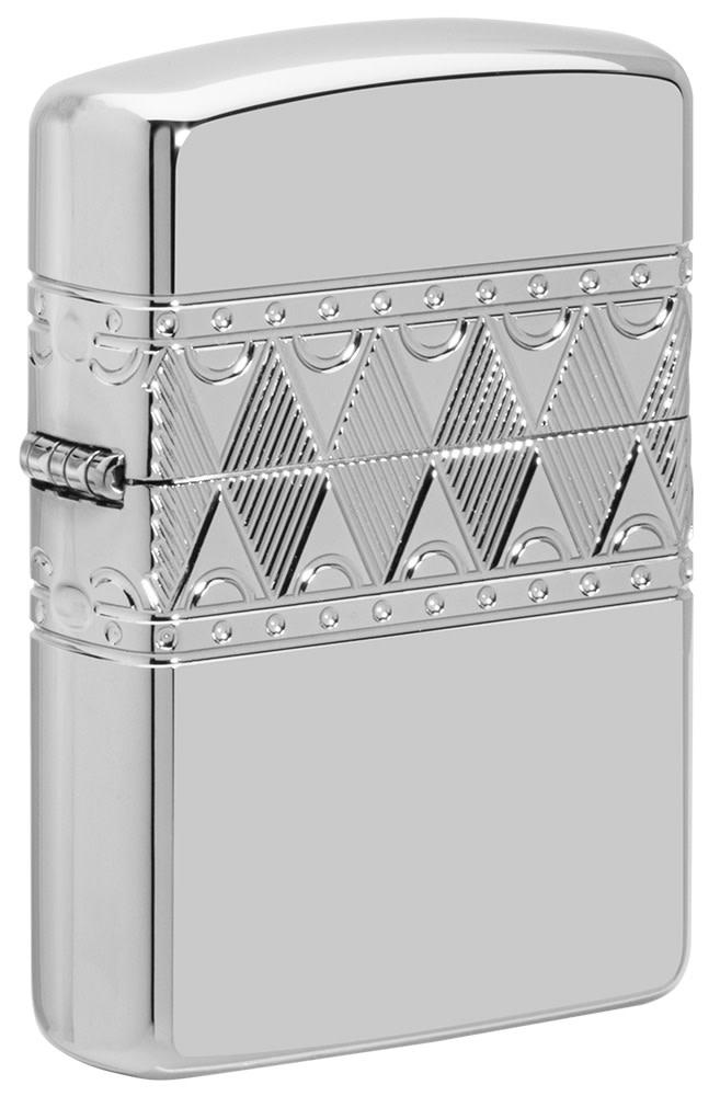 Front shot of Armor® Sterling Silver Diamond Pattern Design Windproof Lighter standing at a 3/4 angle
