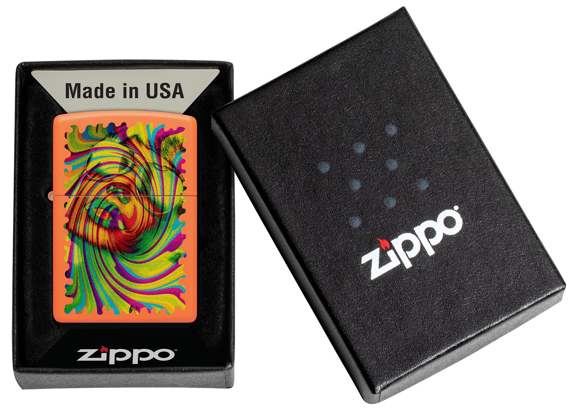 Zippo Sunglass Woman Design Orange Matte Windproof Lighter in its packaging.