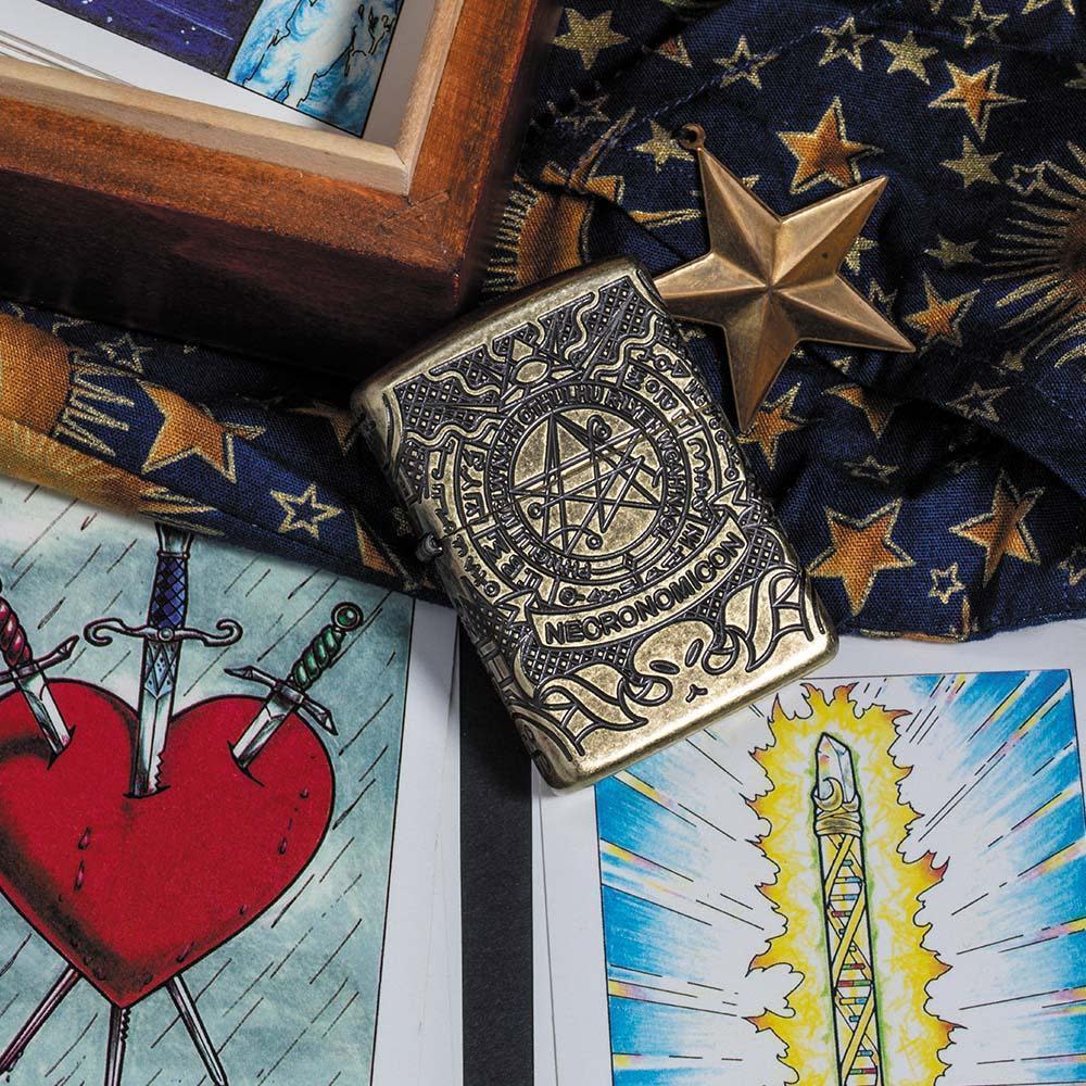 Lifestyle image of Armor® Antique Brass Book of the Dead laying with tarot cards