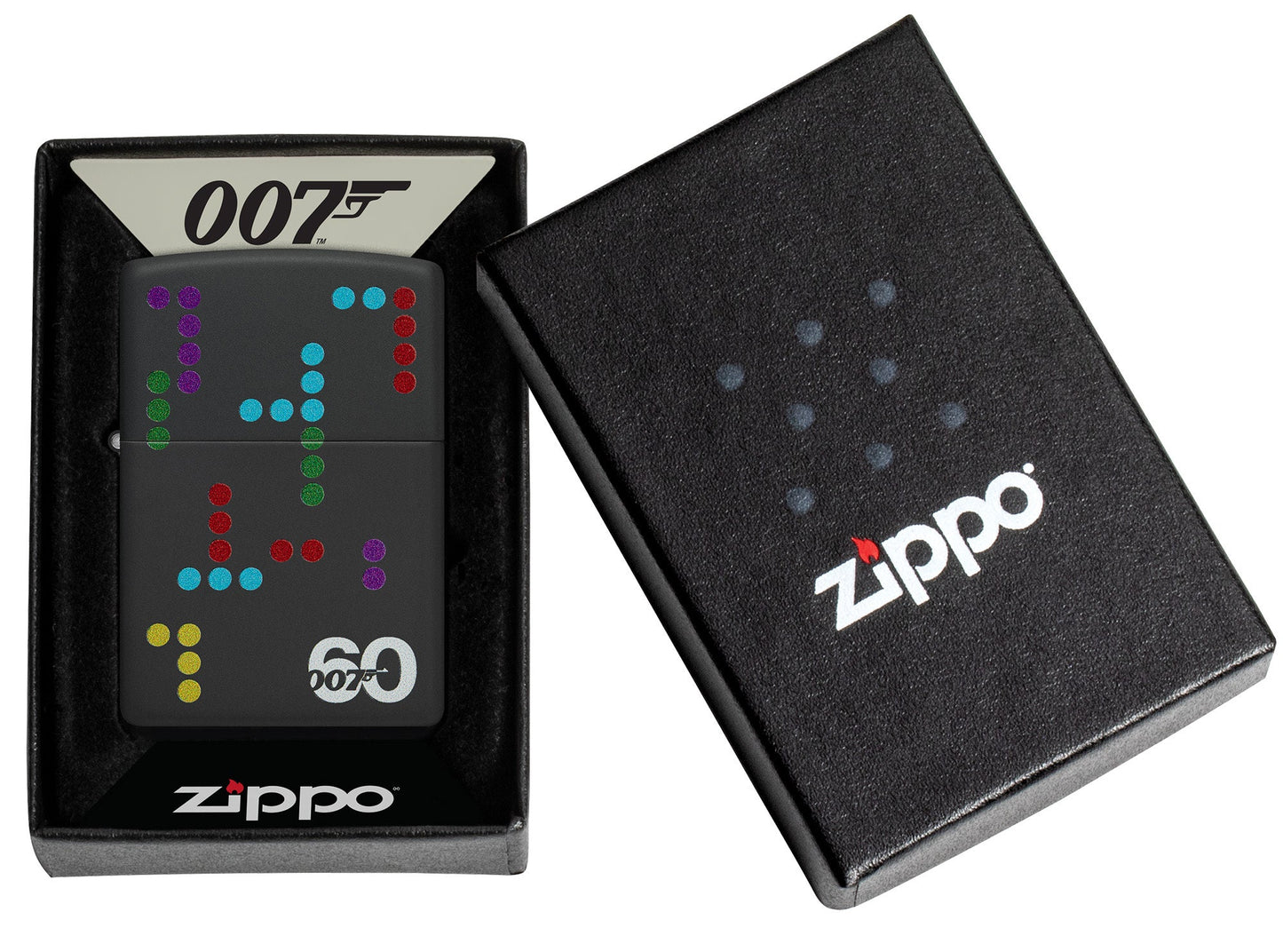 James Bond 007â„¢ 60th Anniversary Black Matte Windproof Lighter in its packaging.