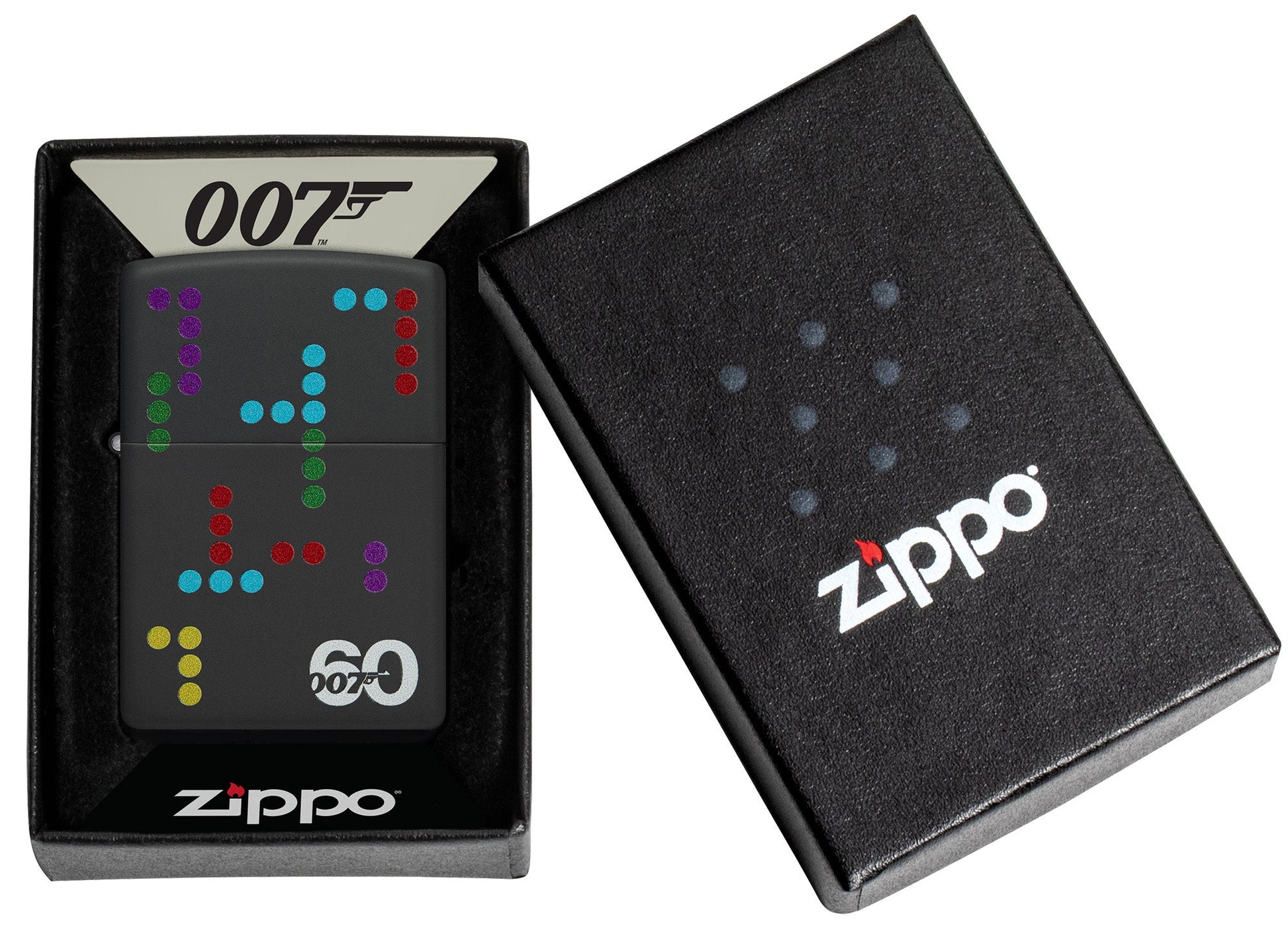 James Bond 007â„¢ 60th Anniversary Black Matte Windproof Lighter in its packaging.