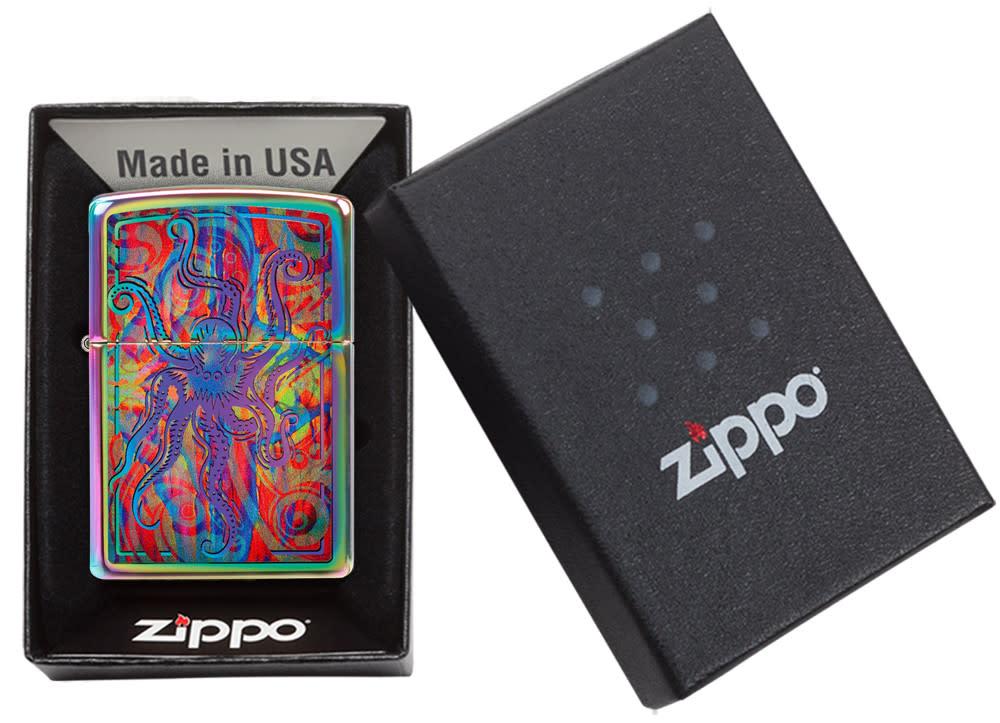 Front view of the Colorful Octopus Multi Color Design Lighter in one box packaging