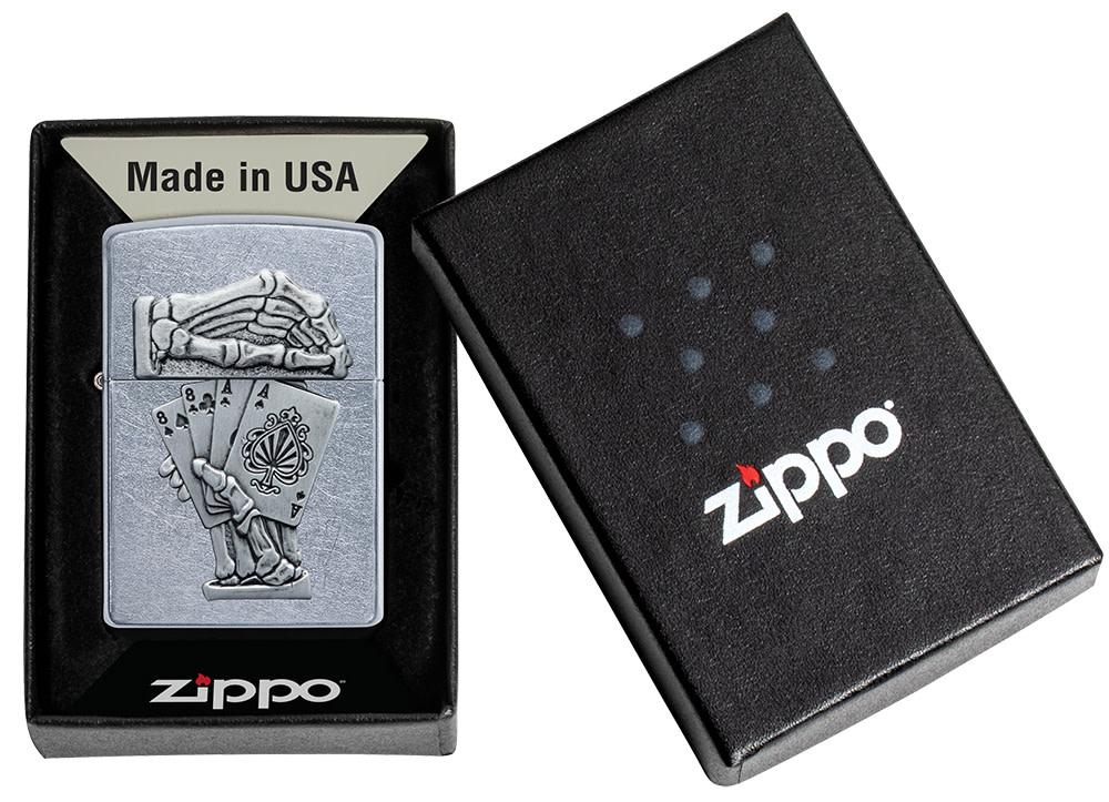 Dead Mans Hand Surprise Emblem Design Street Chromeâ„¢ Windproof Lighter in its packaging