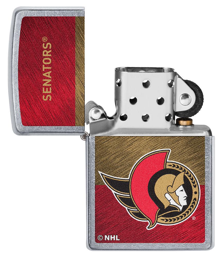 NHL® Ottawa Senators Street Chrome™ Windproof Lighter with its lid open and unlit