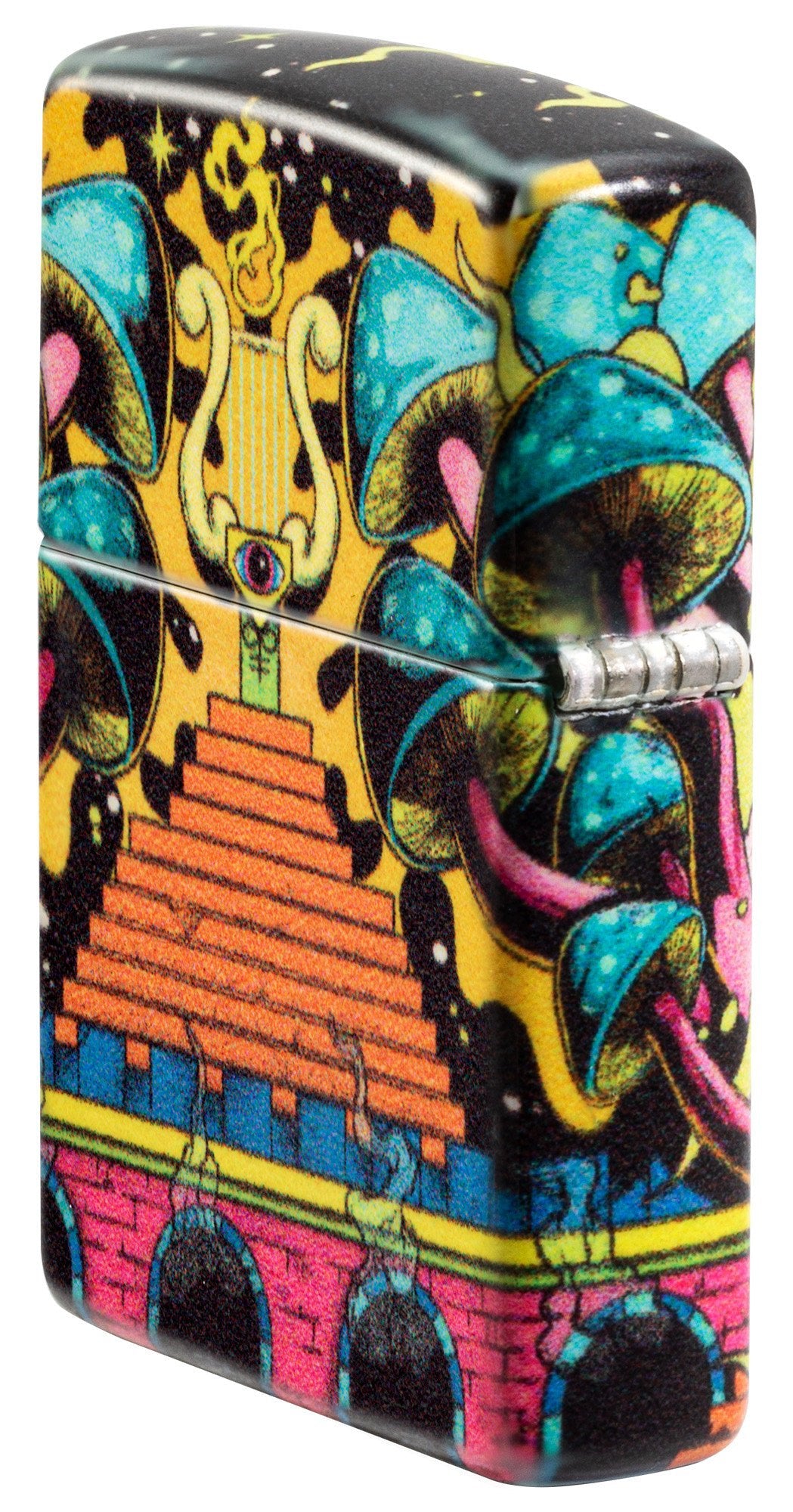 Angled shot of Zippo Trippy Skull Design Glow in the Dark 540 Color Windproof Lighter showing the back and hinge side of the lighter.