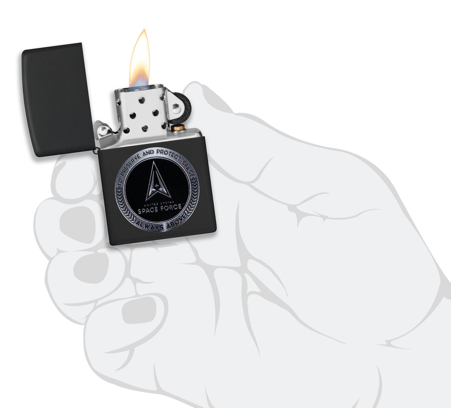 Zippo U.S. Space Force Design Black Matte Windproof Lighter lit in hand.