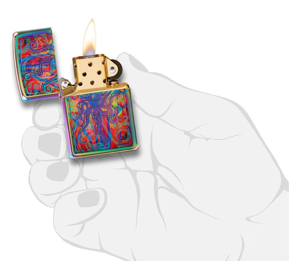 Front view of the Colorful Octopus Multi Color Design Lighter  in hand, open and lit