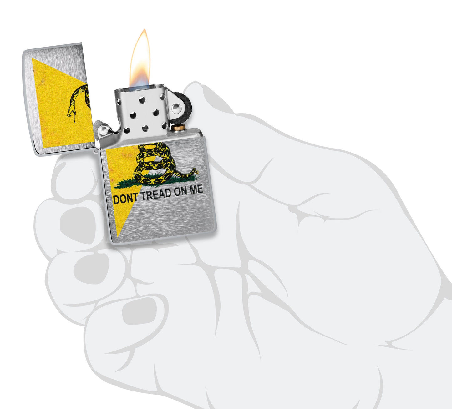 Dont Tread On Me® Flag Design Brushed Chrome Windproof Lighter lit in hand.