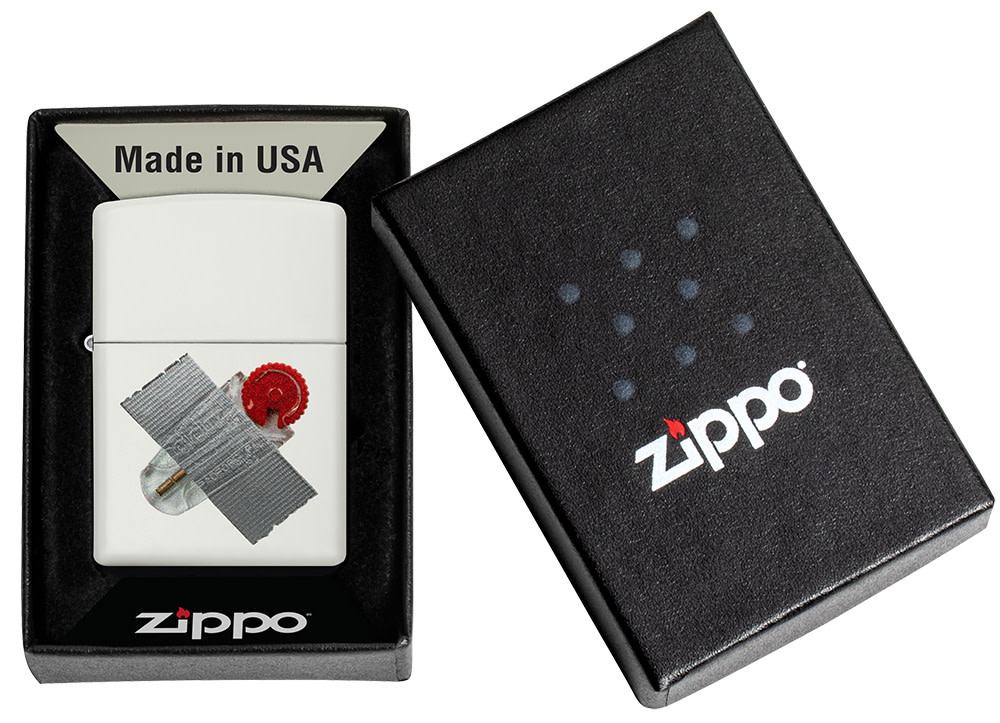 Taped Flint Dispenser Design White Matte Windproof Lighter in it's packaging.