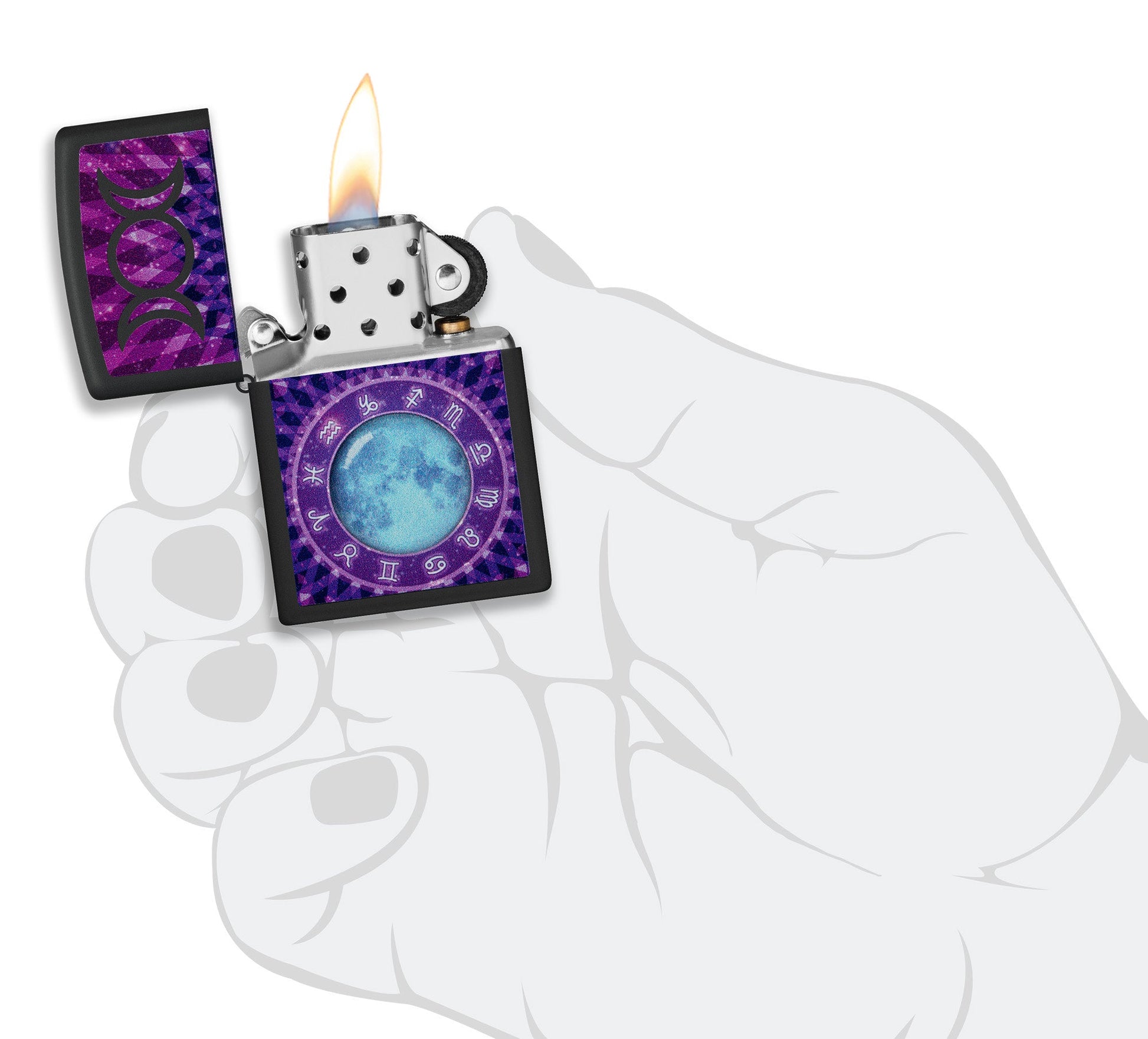 Glowing Zodiac Design Black Light Black Matte Windproof Lighter lit in hand.
