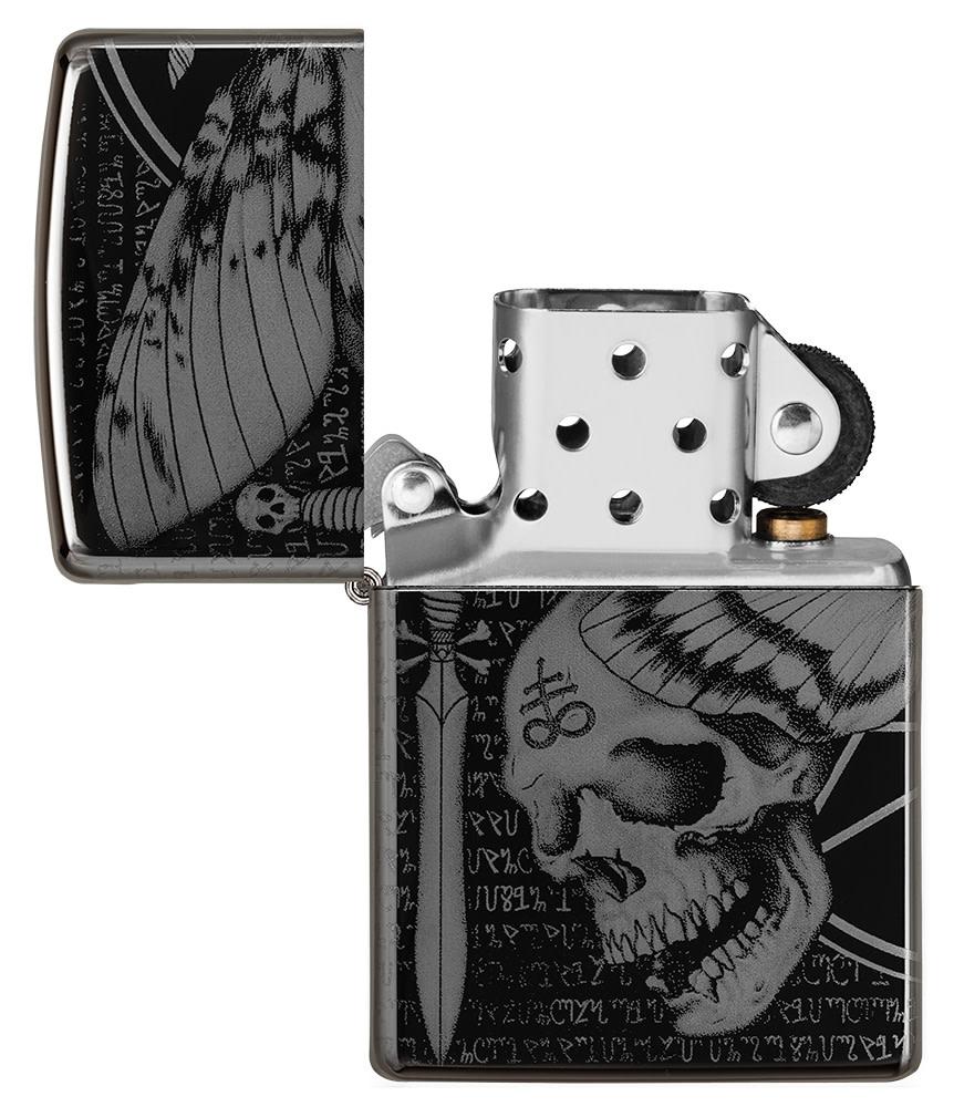 Hawkmoth High Polish Black Windproof Lighter with its lid open and unlit