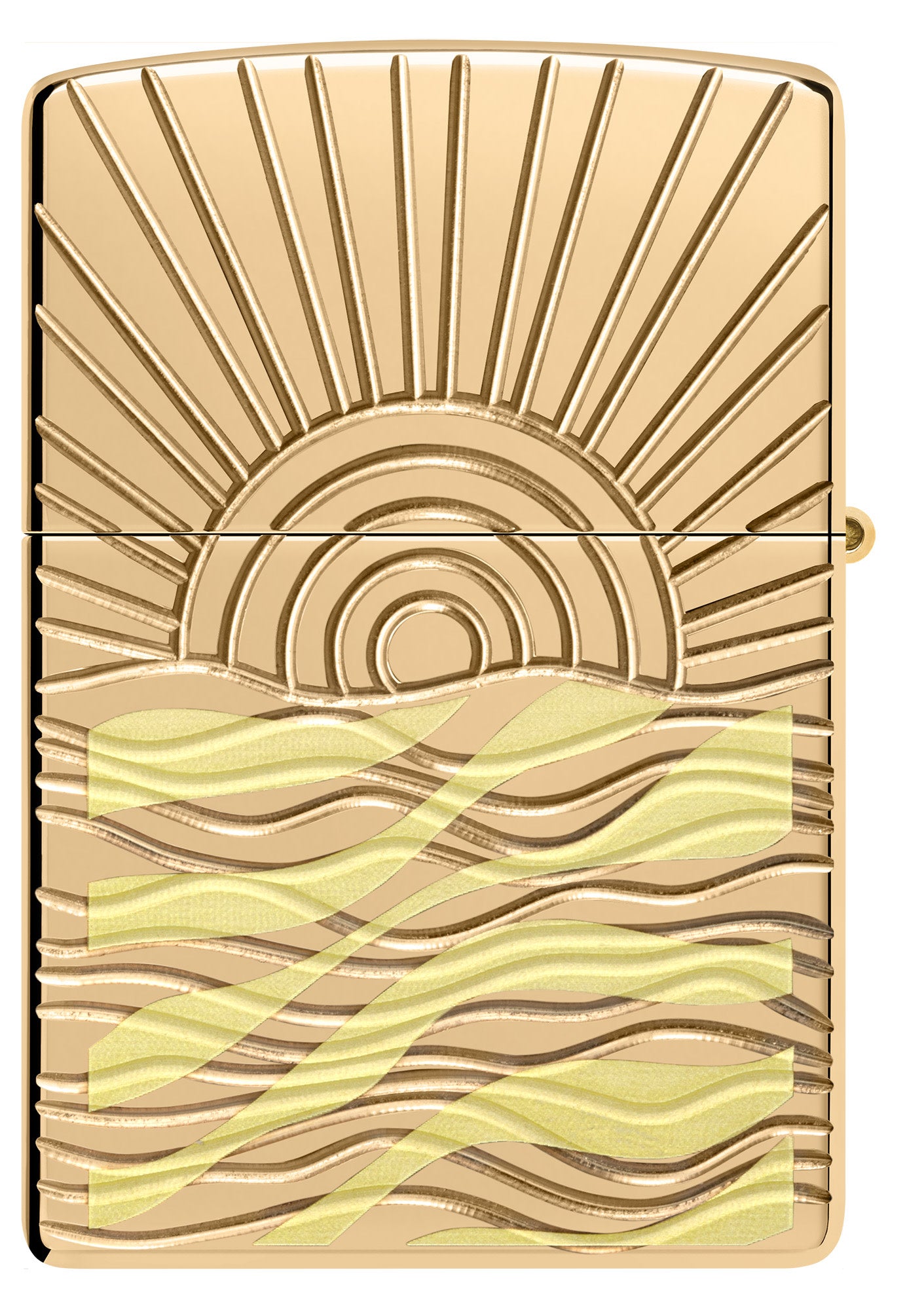 Front shot of SunBeam Pendant Armor® High Polish Brass Windproof Lighter.