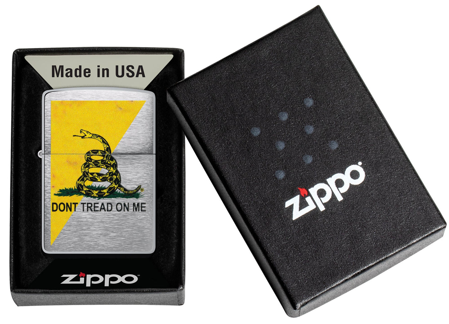 Dont Tread On Me® Flag Design Brushed Chrome Windproof Lighter in it's packaging.