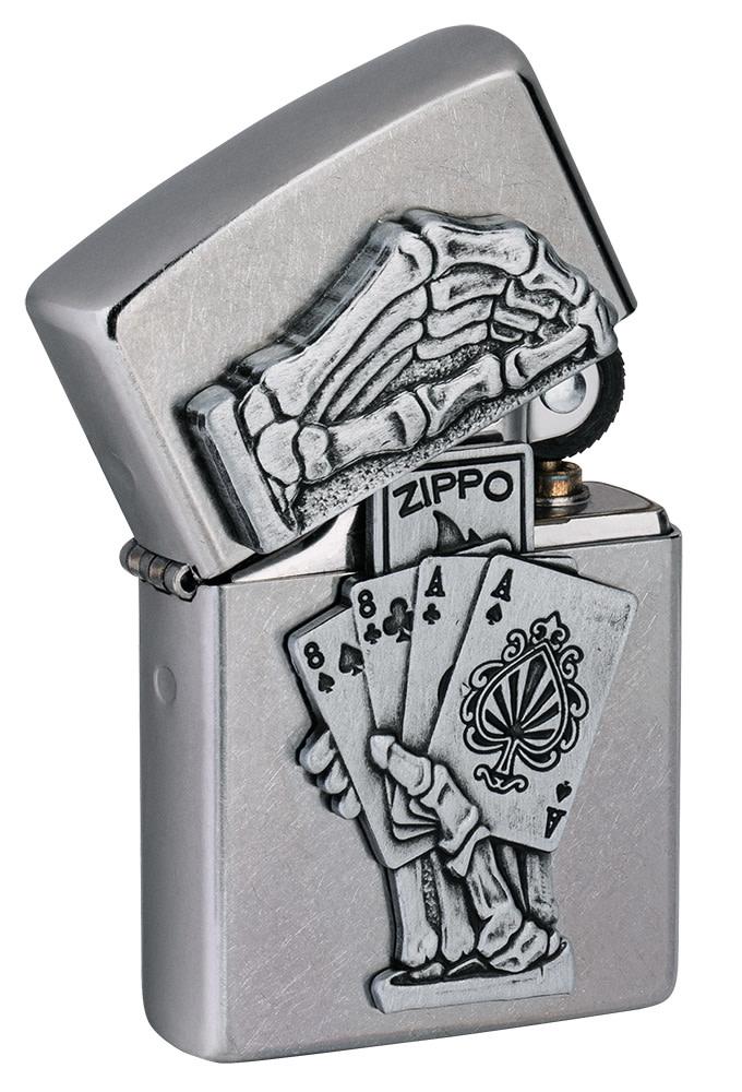 Angle shot of Dead Mans Hand Surprise Emblem Design Street Chromeâ„¢ Windproof Lighter with the lid slightly opened, showing the surprise emblem inside.
