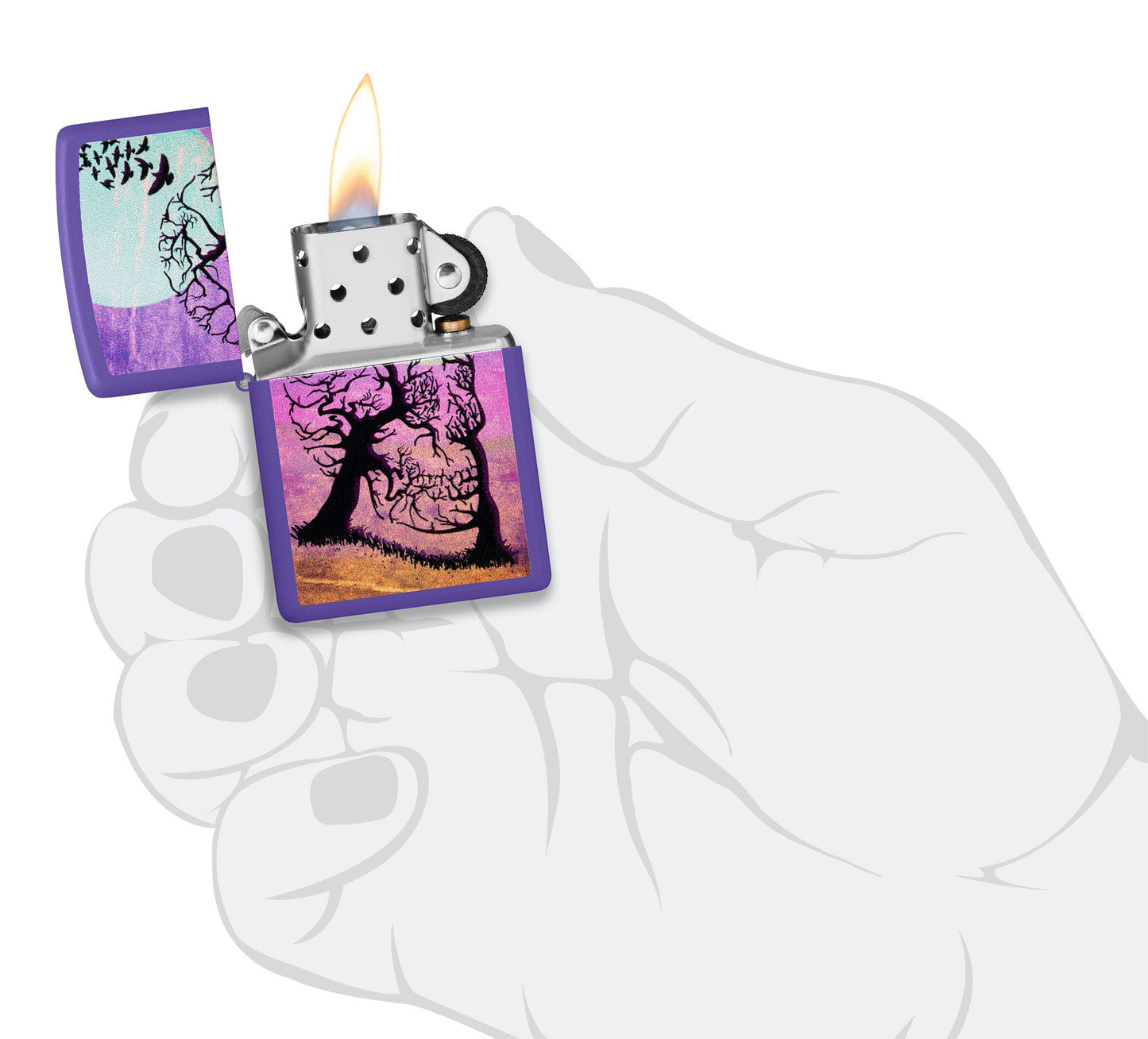 Zippo Skull Tree Design Purple Matte Windproof Lighter lit in hand.
