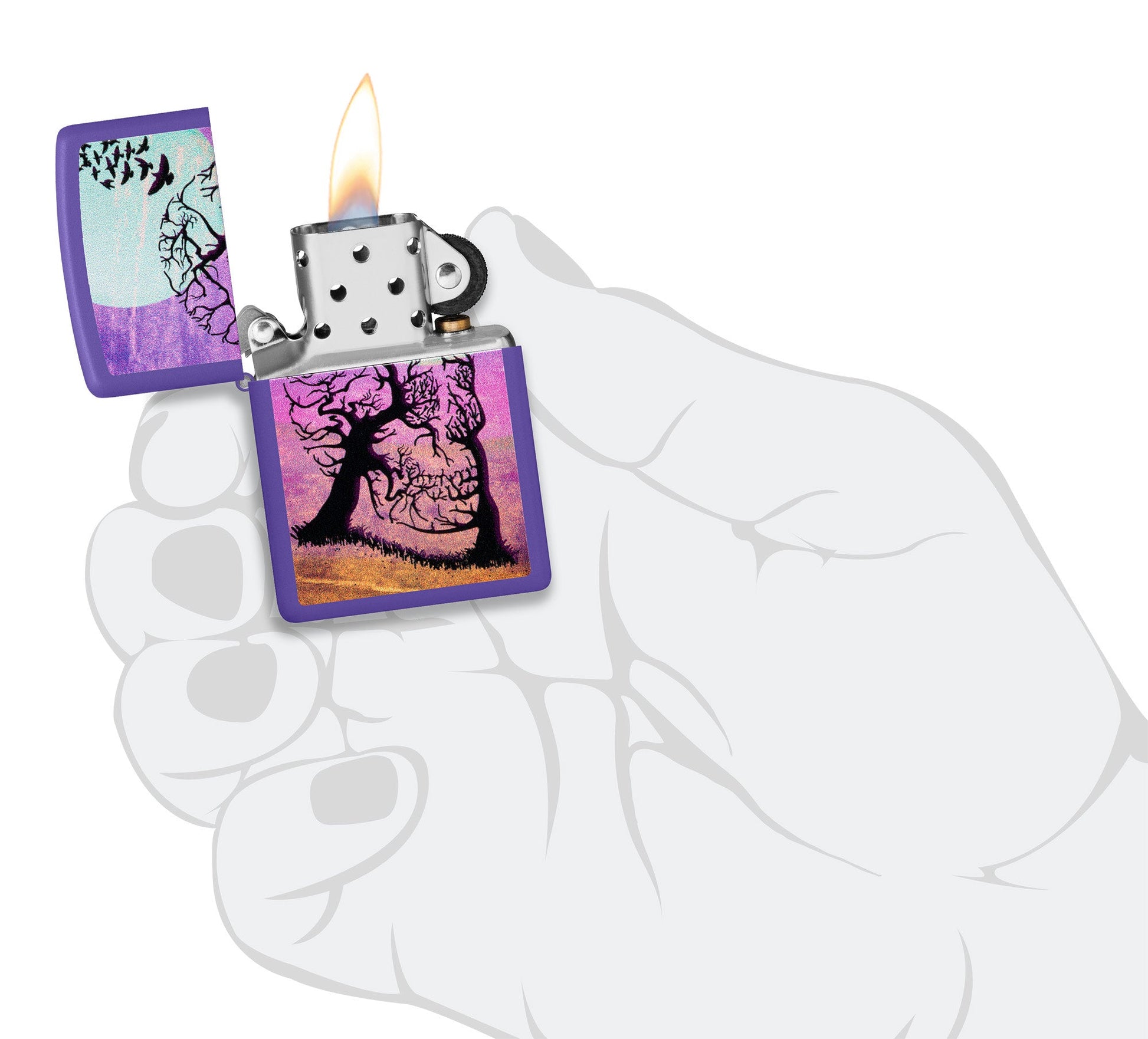 Zippo Skull Tree Design Purple Matte Windproof Lighter lit in hand.
