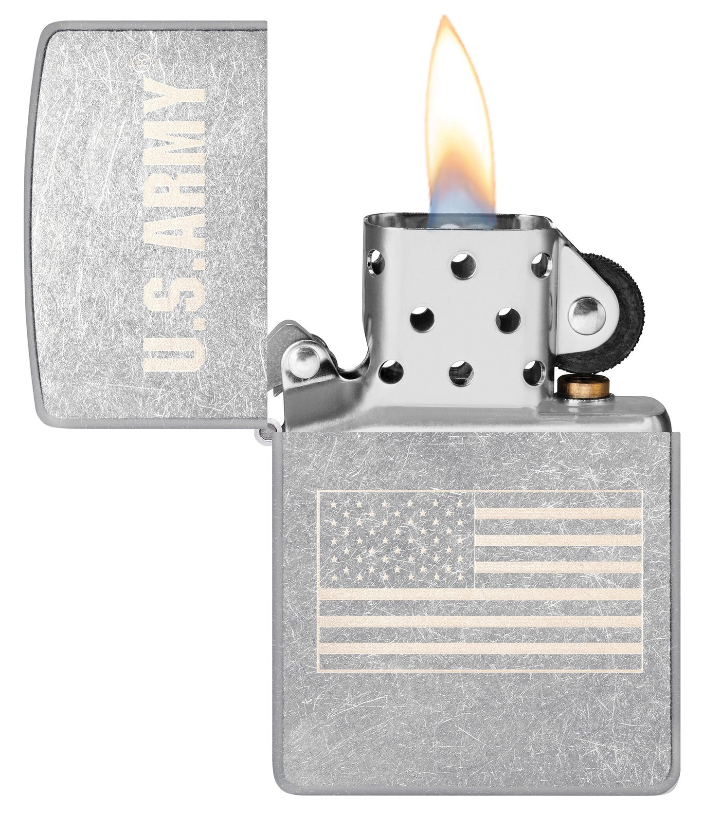 Zippo U.S. Army US Flag Laser Engrave Street Chrome Windproof Lighter with its lid open and lit.