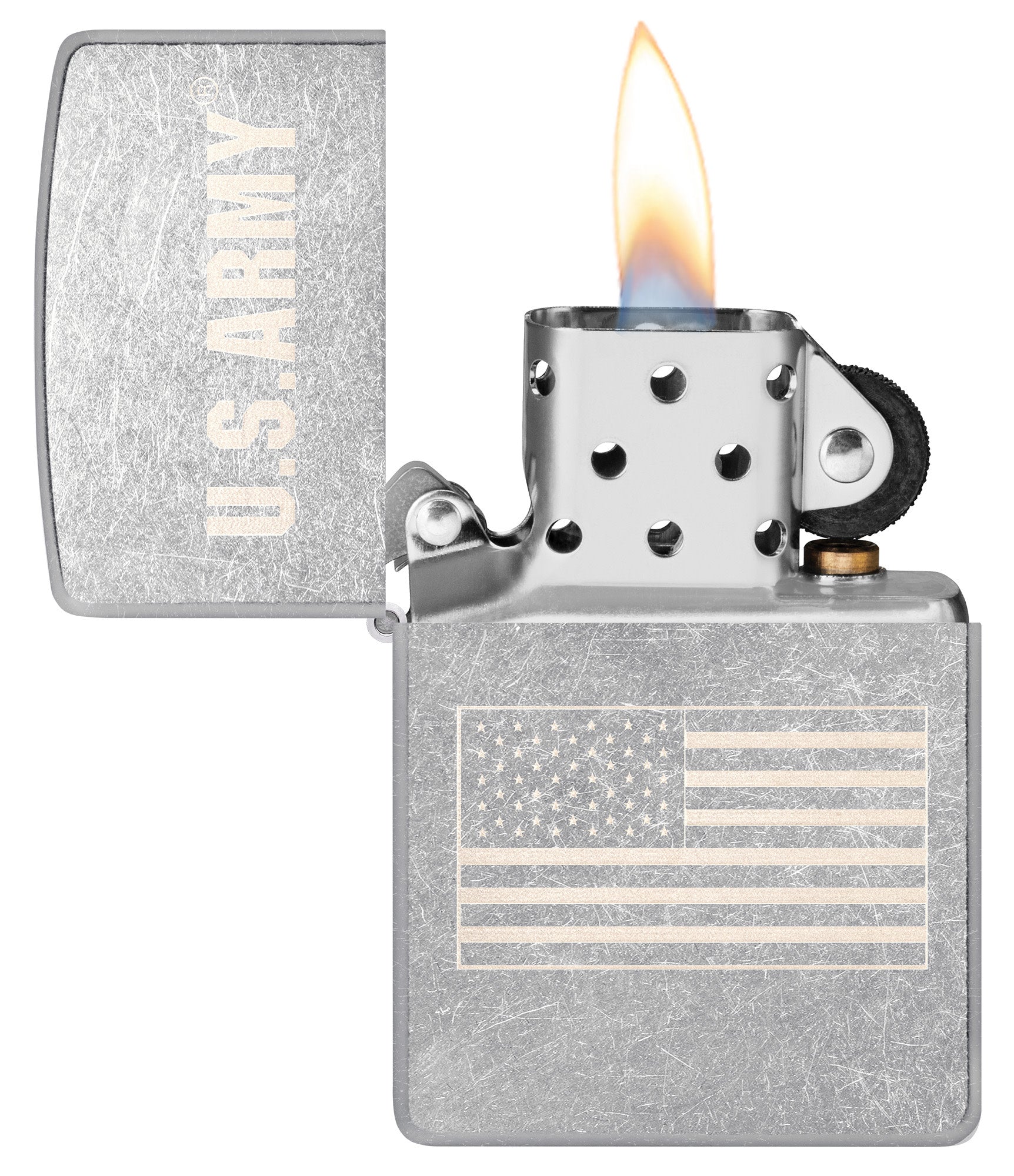 Zippo U.S. Army US Flag Laser Engrave Street Chrome Windproof Lighter with its lid open and lit.