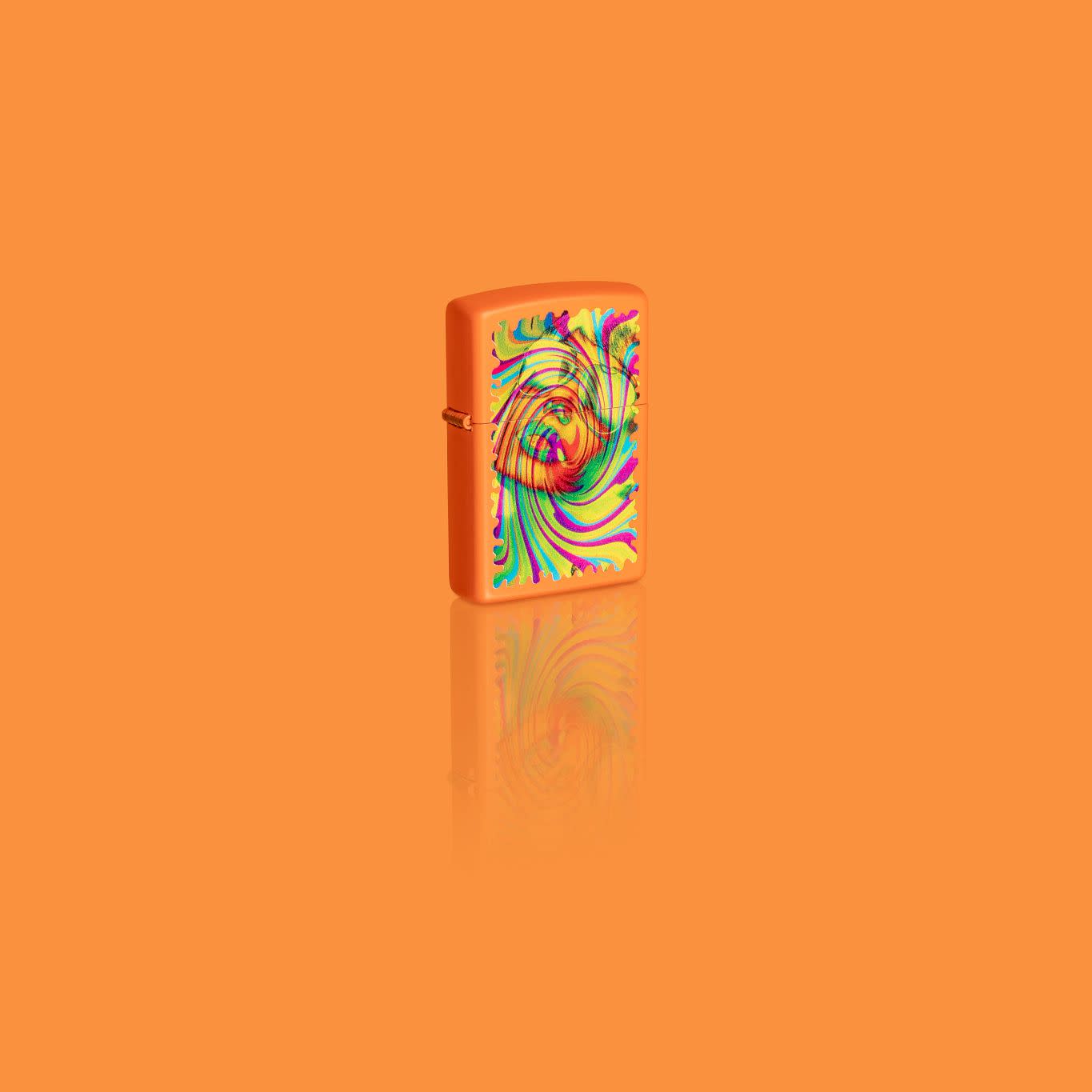 Glamour shot of Zippo Sunglass Woman Design Orange Matte Windproof Lighter standing in a orange scene.