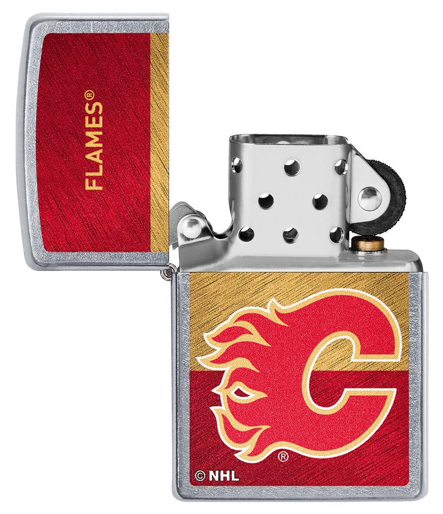 NHL® Calgary Flames Street Chrome™ Windproof Lighter with its lid open and unlit