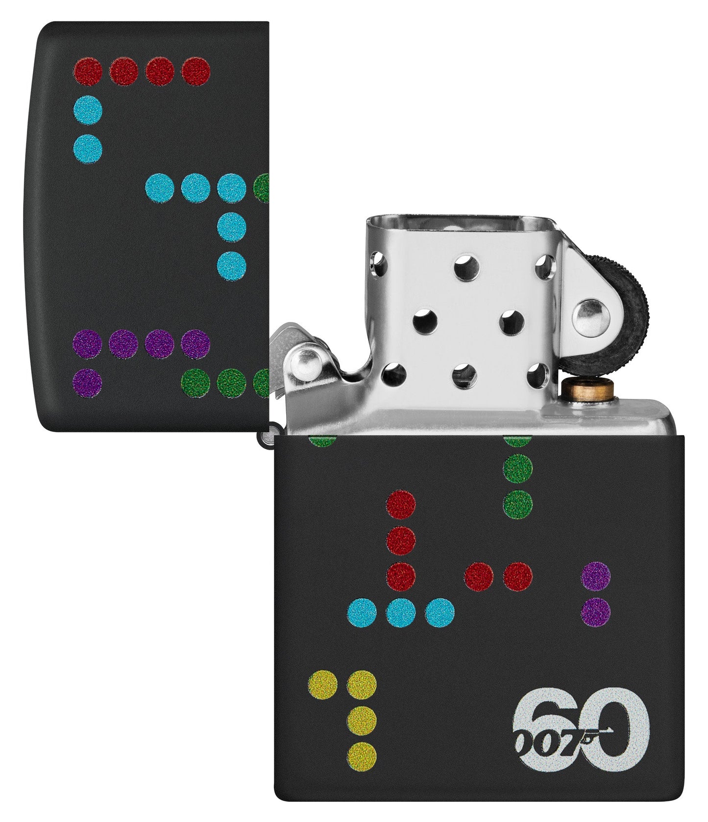 James Bond 007â„¢ 60th Anniversary Black Matte Windproof Lighter with its lid open and unlit.