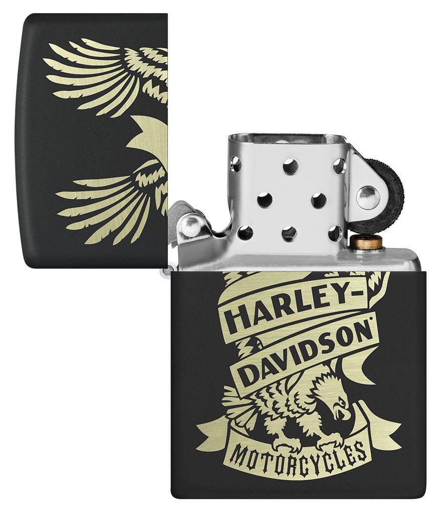 Harley-Davidson® Eagle Black Matte Windproof Lighter with its lid open and unlit.