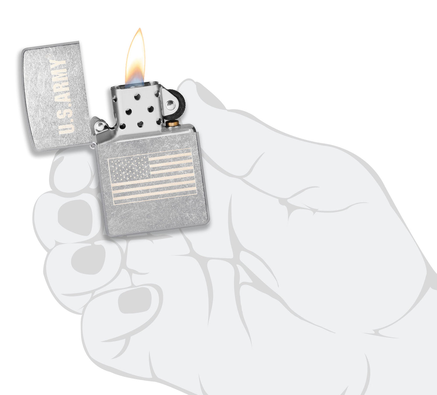 Zippo U.S. Army US Flag Laser Engrave Street Chrome Windproof Lighter lit in hand.