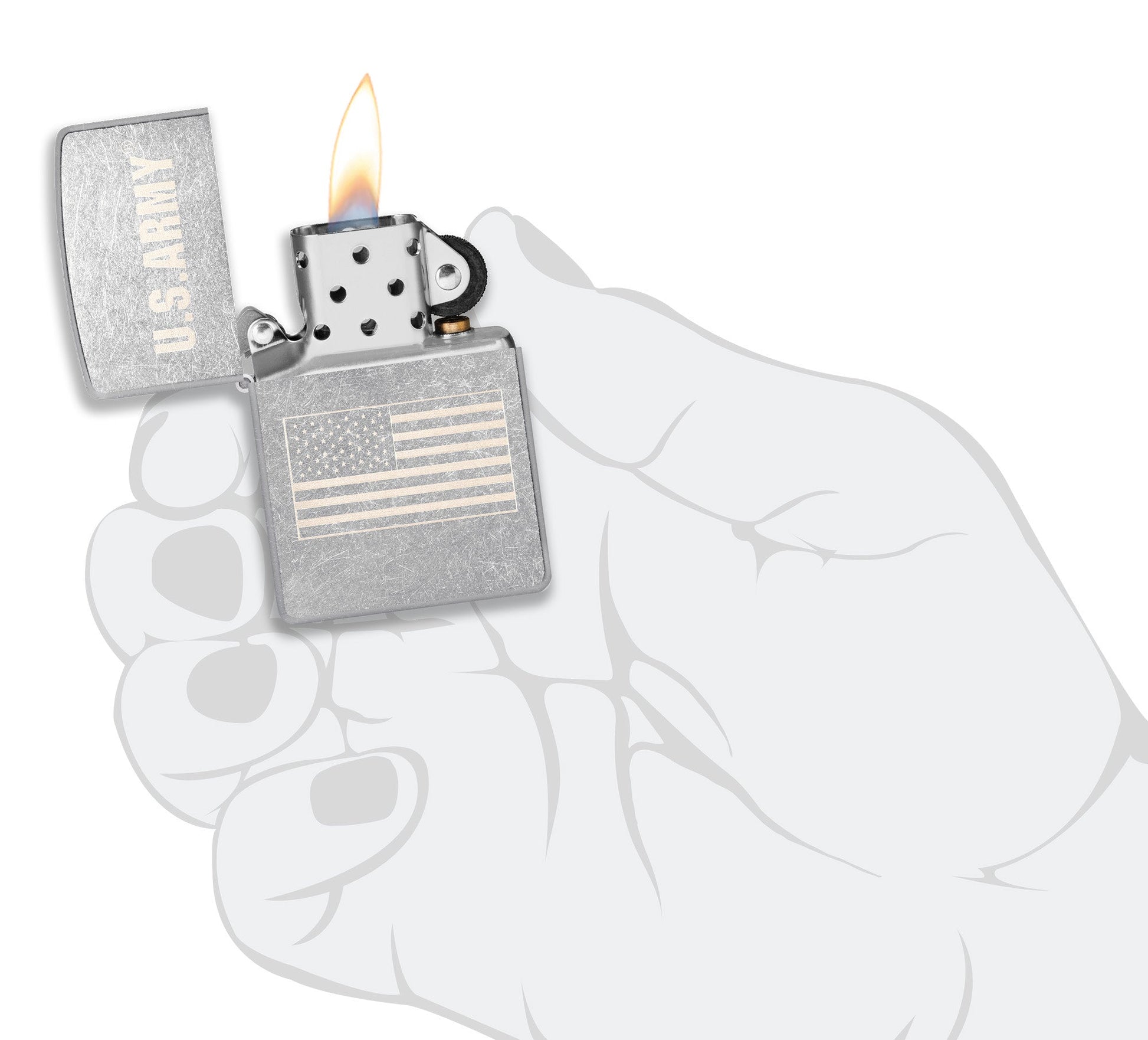 Zippo U.S. Army US Flag Laser Engrave Street Chrome Windproof Lighter lit in hand.