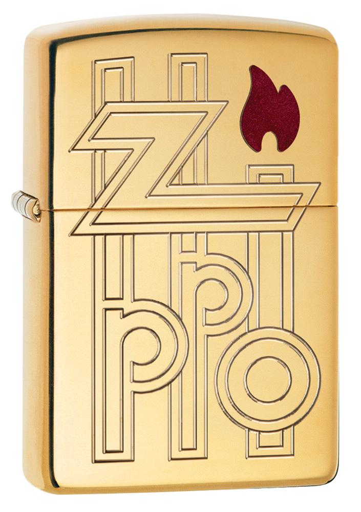 Front view of Armor® High Polished Brass Abstract Zippo Logo Windproof Lighter standing at a 3/4 angle